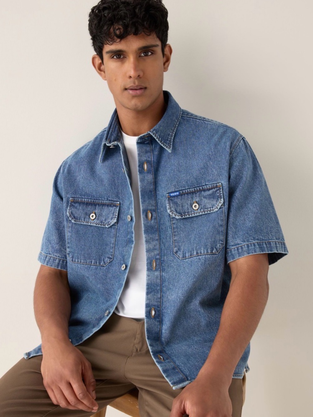 Premiere International Men's Short-Sleeve Denim Button-Down Shirt - Blue